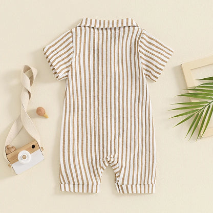Boy Striped Romper Short Sleeve Front Single-breasted Legs Jumpsuit