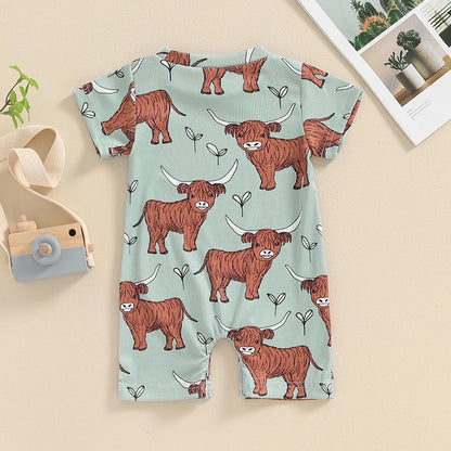 Short Sleeve Crew Neck Cow Head Print Romper