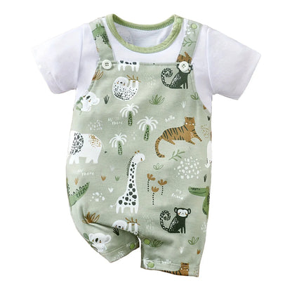 Animal Print Romper Newborn Baby Faux Two-Piece Bodysuit with Short Sleeves