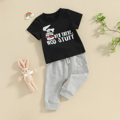 Short Sleeve Letters Bunny Print T-Shirt and Jogger Pant Set