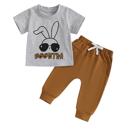 Bunny Print Short Sleeve T-Shirt and Elastic Waist Pants