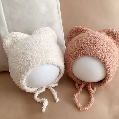 Cartoon Plush Beanie Cap for Baby Winter Soft Warm Infant Knitted Hat Cute Solid Color Cat Ears Toddler Ear Protection Hats