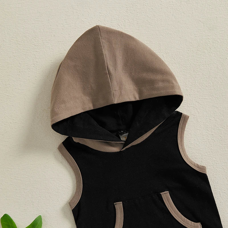Baby Boy Shorts Set Contrast Color Sleeveless Hooded Tank Tops Elastic Waist Shorts