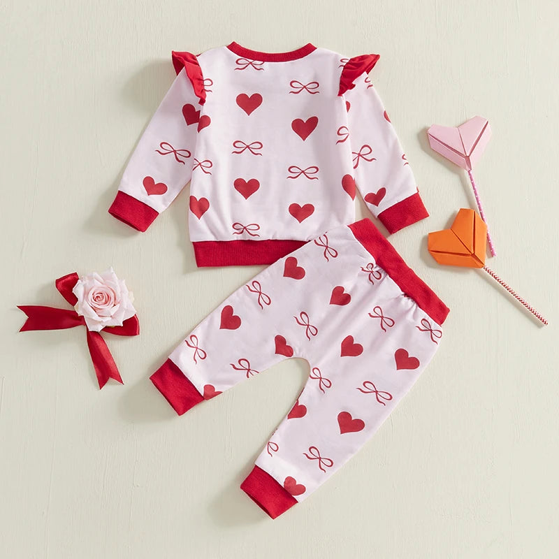 Bow /Heart Print Ruffle Long Sleeve Sweatshirt and Elastic Pants 2 Piece set