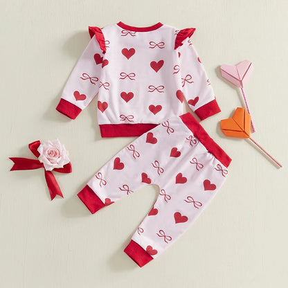 Bow /Heart Print Ruffle Long Sleeve Sweatshirt and Elastic Pants 2 Piece set