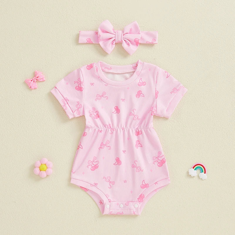 Ribbed Romper Floral/Bow/Strawberry Short Sleeve Bodysuit with Bow Headband