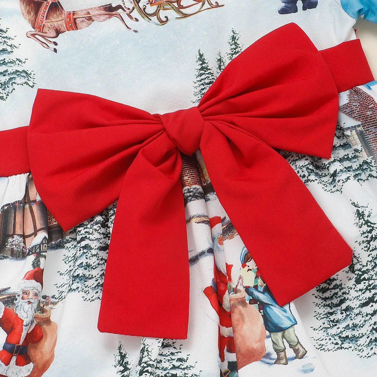Christmas Bow Dress Kids Full Printing Casual Elk Xmas