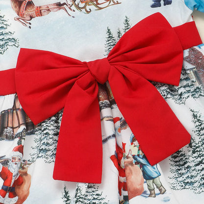 Christmas Bow Dress Kids Full Printing Casual Elk Xmas