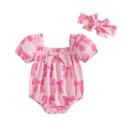 Bow Print Short Sleeve Romper with Headband