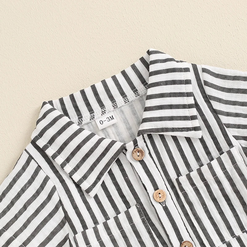 Boy Striped Romper Short Sleeve Front Single-breasted Legs Jumpsuit