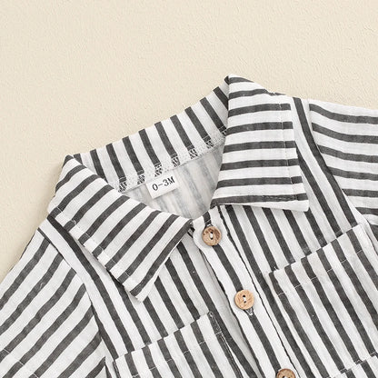 Boy Striped Romper Short Sleeve Front Single-breasted Legs Jumpsuit