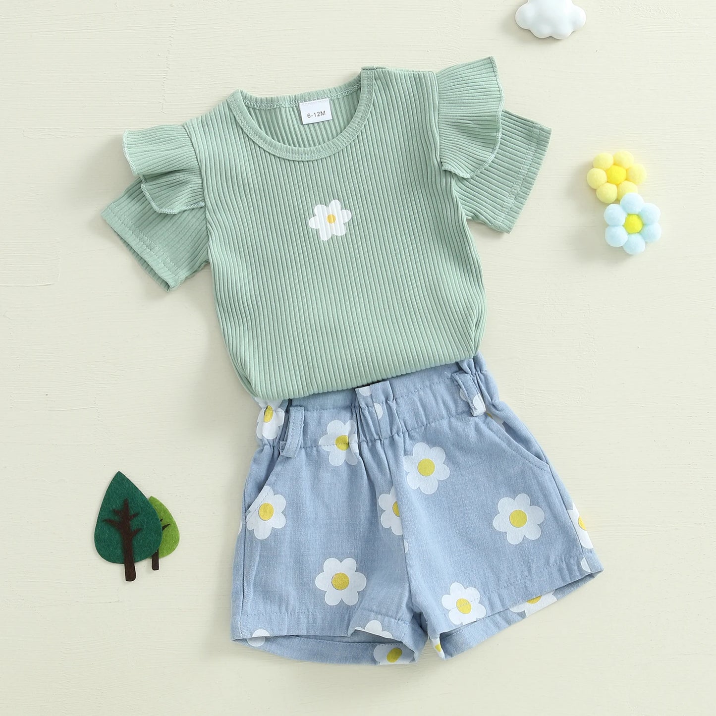 1-4Y Baby Girl Summer Outfits Ruffle Short Sleeve Floral Print Ribbed t Shirt Tops Shorts Set Toddler Baby Clothing 2Pcs