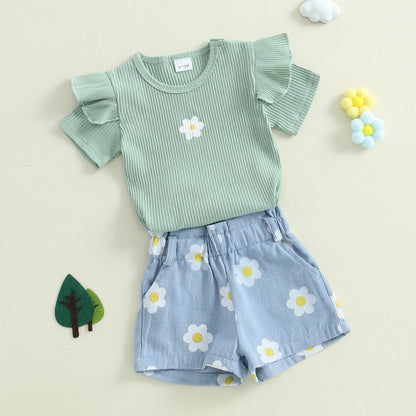 1-4Y Baby Girl Summer Outfits Ruffle Short Sleeve Floral Print Ribbed t Shirt Tops Shorts Set Toddler Baby Clothing 2Pcs