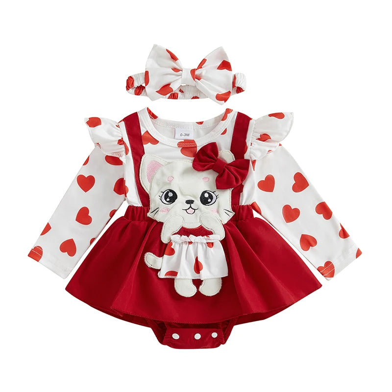 Newborn Girl Outfit Long Sleeve Cartoon Cat Heart Print