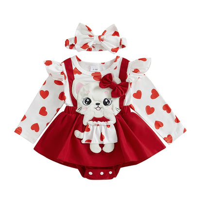 Newborn Girl Outfit Long Sleeve Cartoon Cat Heart Print