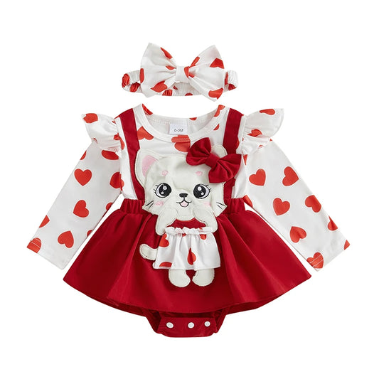 Newborn Girl Outfit Long Sleeve Cartoon Cat Heart Print