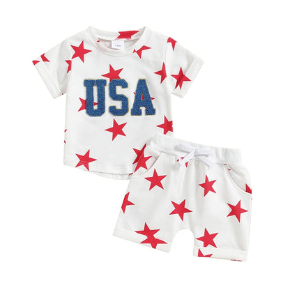 Boys 4th of July Short Sleeve Embroidery Letters T-shirt with Stars Print + Shorts Outfit