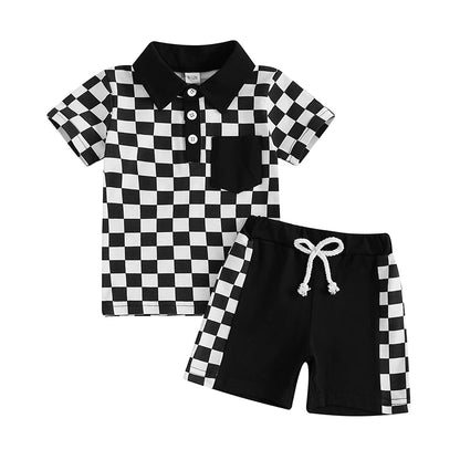 Short Sleeve Lapel Checkerboard Print Tops and Drawstring Shorts Sets