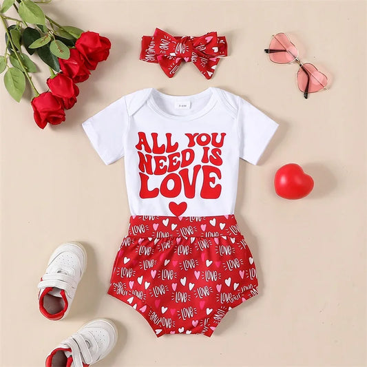 "All You Need Is Love" Short Sleeve Romper Shorts Set Headband Summer Clothes