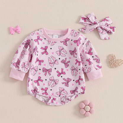 Valentine's Day Bowknot Heart Print Long Sleeve Bodysuits with Headband