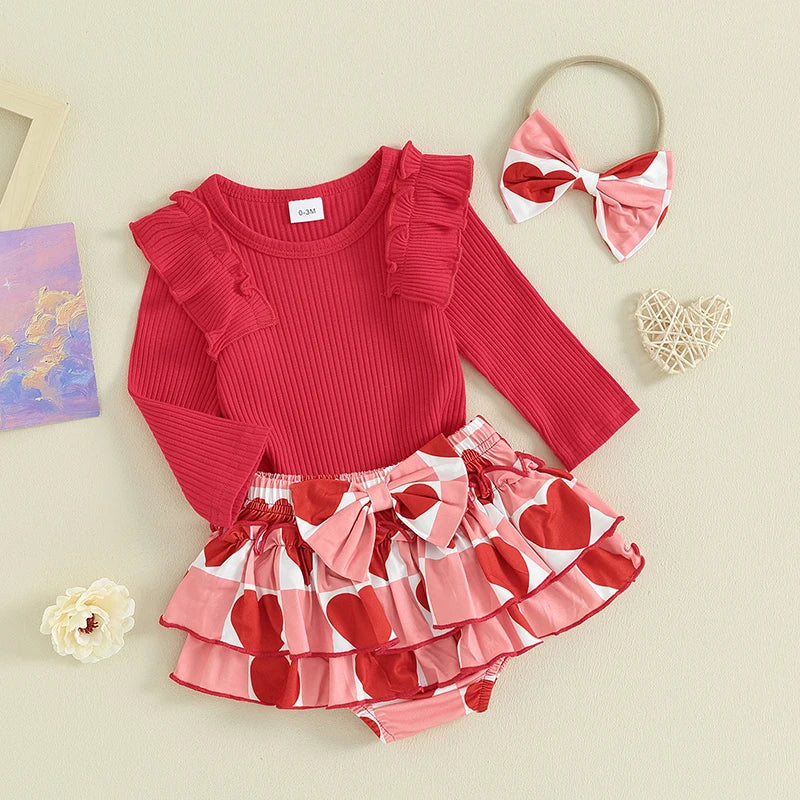 2023-11-03 Lioraitiin 0-18M Newborn Baby Girl Valentines Day Outfit Knit Ribbed Ruffle Romper Layered Tutu Shorts Set 3Pcs