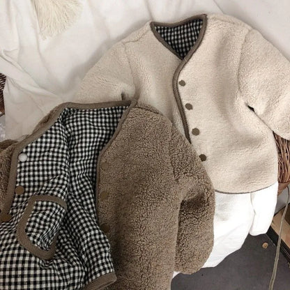 Korean Style Winter Boy Girl Reversible Clothes Beige/coffee Lambswool Plaid Single Breasted Jacket Children Warm Coat E89338