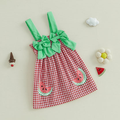 Girl Slip Dress Sweet Bows Watermelon Print Plaid Infant Sundress