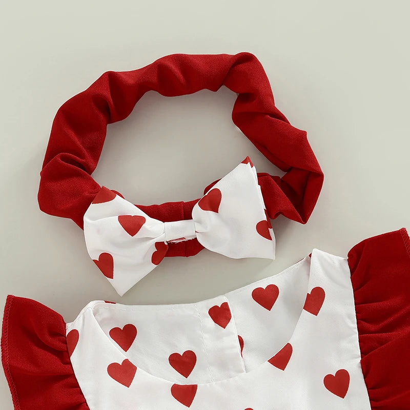 Sleeveless Bow Front Heart Print Romper with Headband