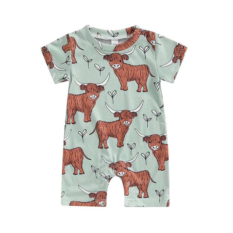 Short Sleeve Crew Neck Cow Head Print Romper