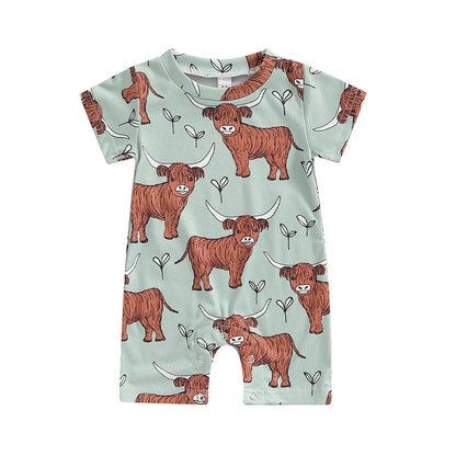 Short Sleeve Crew Neck Cow Head Print Romper