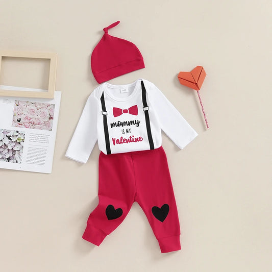 Baby Boy Valentine s Day Clothes Letter Bow Print Long Sleeve Romper with Pants and Hat Outfit