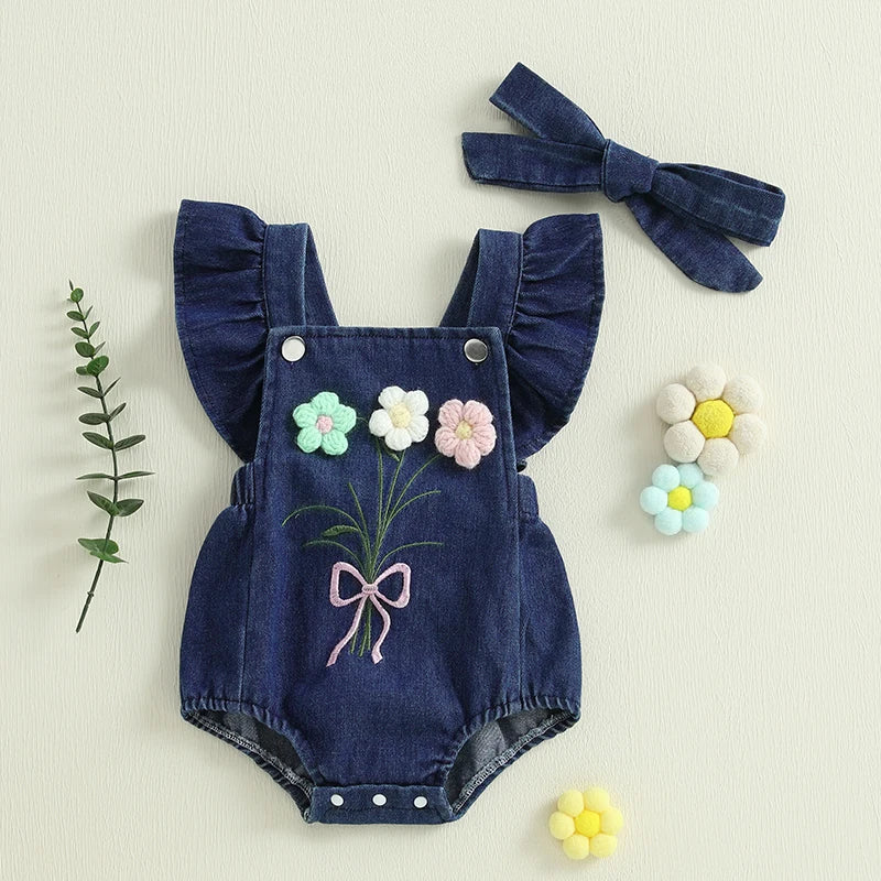Girl Summer Outfits Ruffle Sleeveless Square Neck Denim Romper with Headband Set
