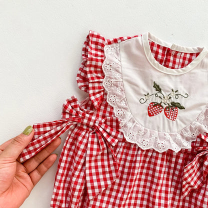 Fly Sleeve Bow Plaid Embroidery Flower Outfits