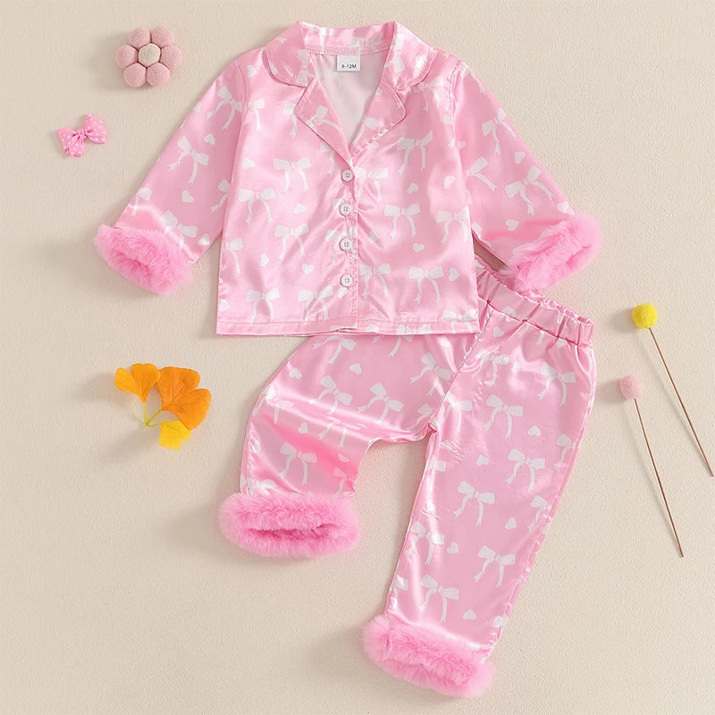 Valentine Pajamas Sets Bow Print Plush Long Sleeve Tops With Pants