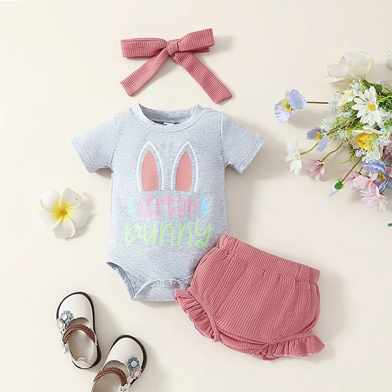 Short Sleeve Bunny Romper Elastic Waist Shorts Headband