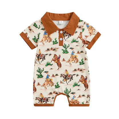 Short Sleeve Lapel Western Elements Print Jumpsuit