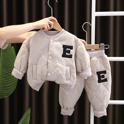 Kids Designer Luxury Clothes Winter 2023 Fashion Thickened Boys Letter Cotton Coats + Pants Suit Set Children's Christmas Outfit