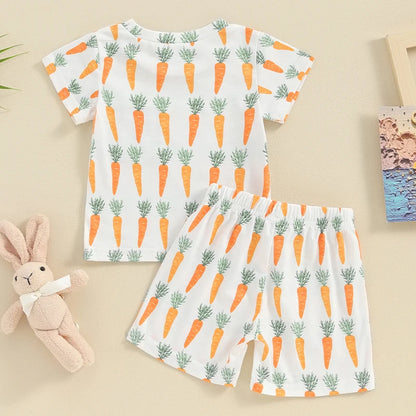 Carrot Print Short Sleeve Top Elastic Shorts Set