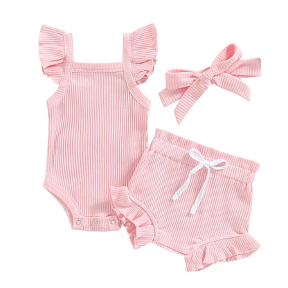 Girls 3Pcs Summer short sleeve top and ruffled shorts