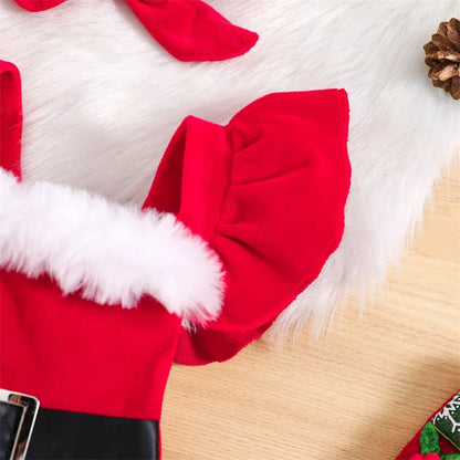 Girls Christmas Outfits Long Sleeve Fur Trim Velvet Romper Dress + Headband