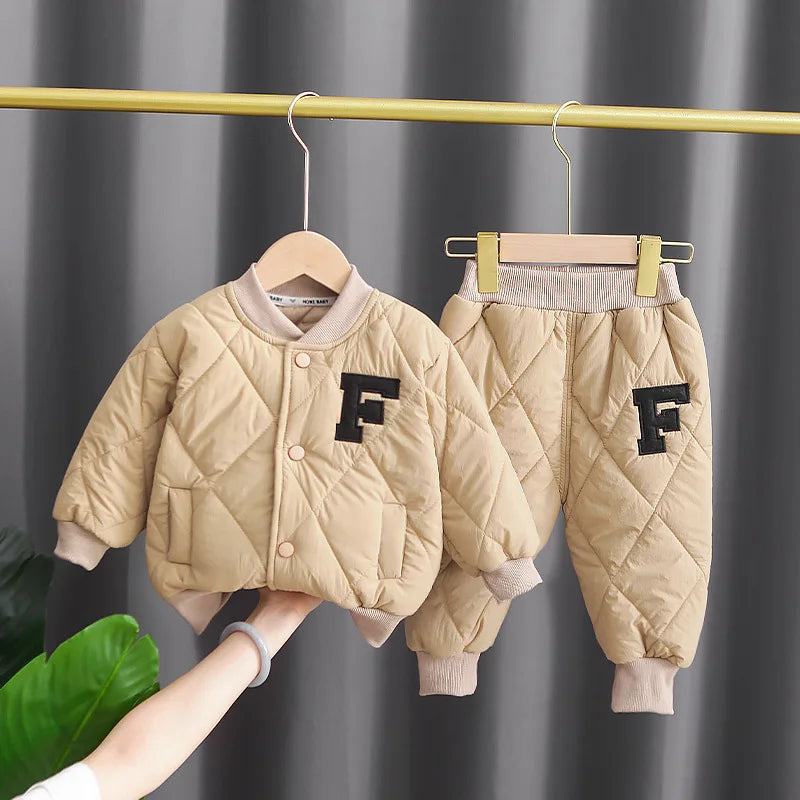 Kids Designer Luxury Clothes Winter 2023 Fashion Thickened Boys Letter Cotton Coats + Pants Suit Set Children's Christmas Outfit