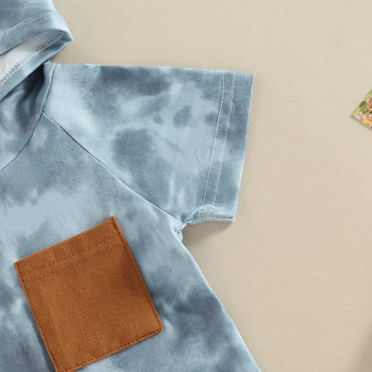 2Pcs Casual Clothing Set Short Sleeve Hooded Tie-Dye  Pritned Top and Shorts