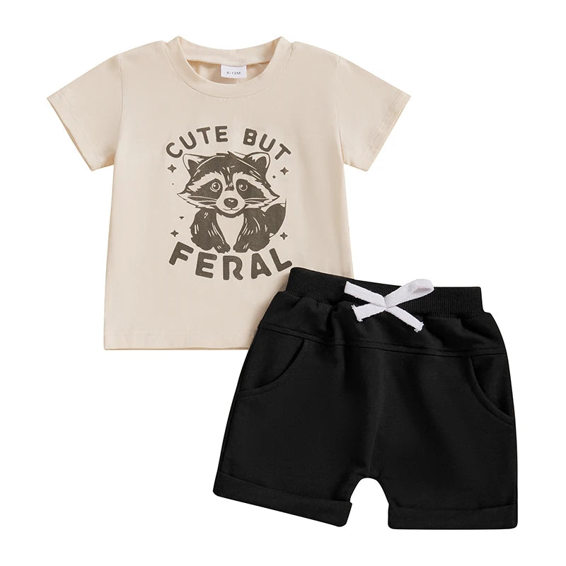 Raccoon Letter Print Short Sleeve T-Shirts and Elastic Waist Shorts Set