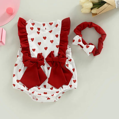Sleeveless Bow Front Heart Print Romper with Headband
