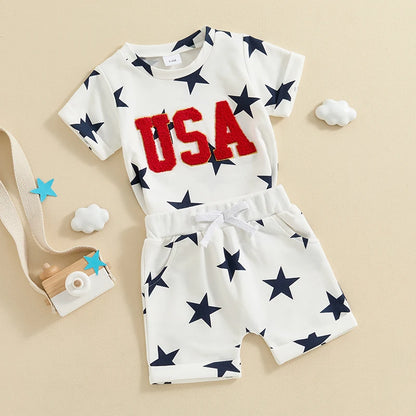 Boys 4th of July Short Sleeve Embroidery Letters T-shirt with Stars Print + Shorts Outfit