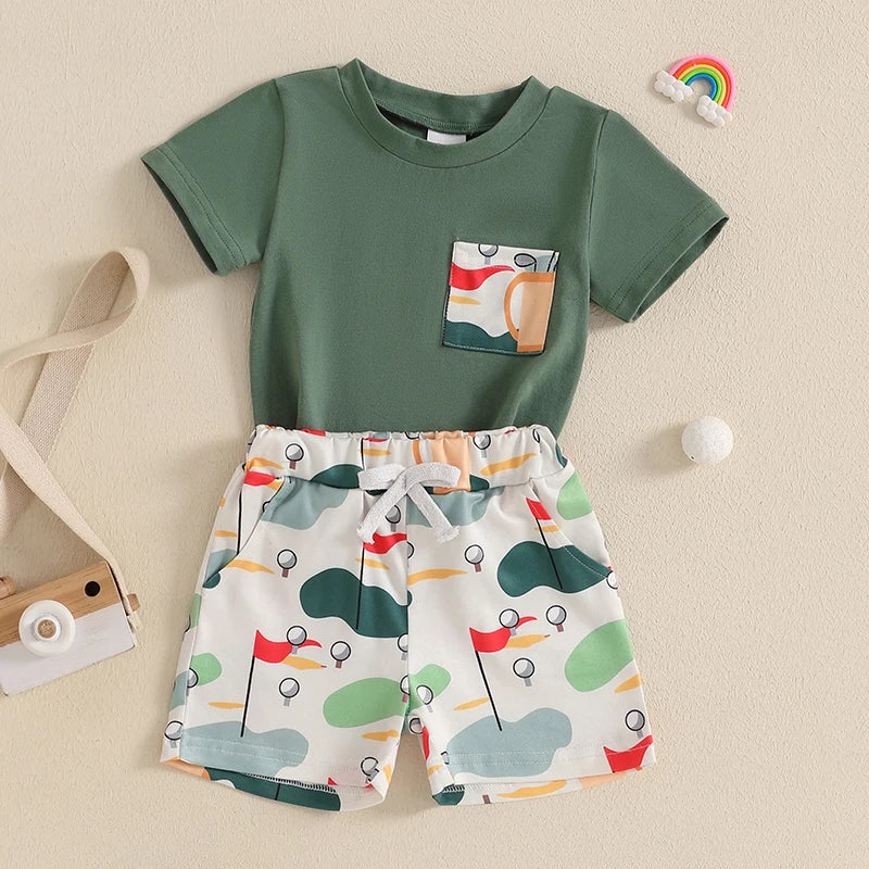 Short Sleeve T-shirt Golf Print and Elastic Waist Shorts 2PCS Summer Set