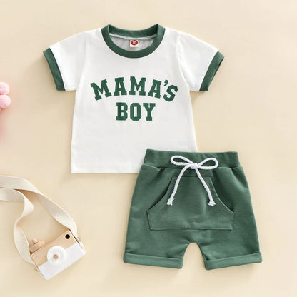 Boys 2Pcs Summer Outfits Short Sleeve Letter Print T-Shirts Pocket Shorts