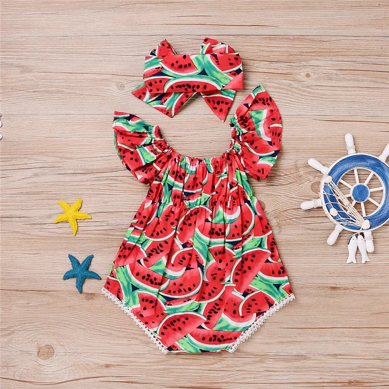 Watermelon Print Bodysuit Headband Short Sleeve Romper