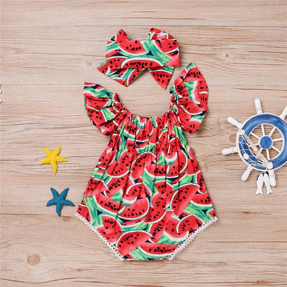 Watermelon Print Bodysuit Headband Short Sleeve Romper