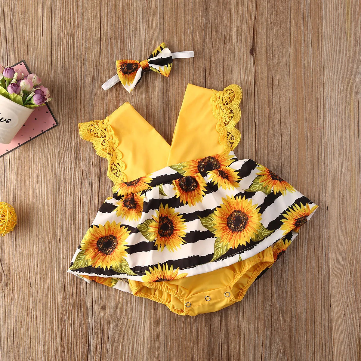 Lace Ruffle Sunflower Print Romper Headband 2Pcs